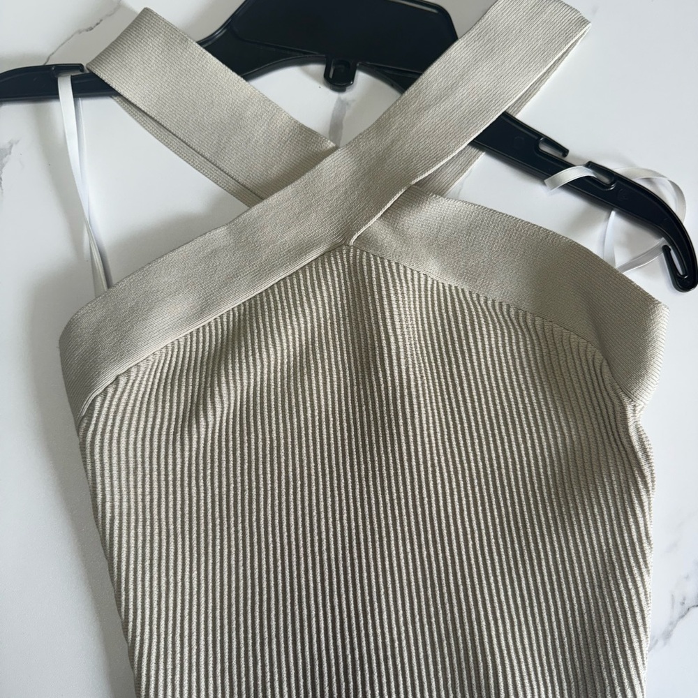 Ribbed Cross-Front Beige Tank Top